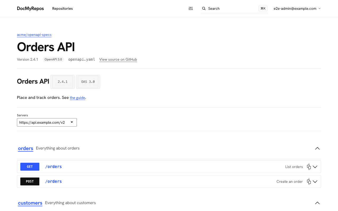 The API reference page of a repository, rendered from its OpenAPI file with servers, tags and operations