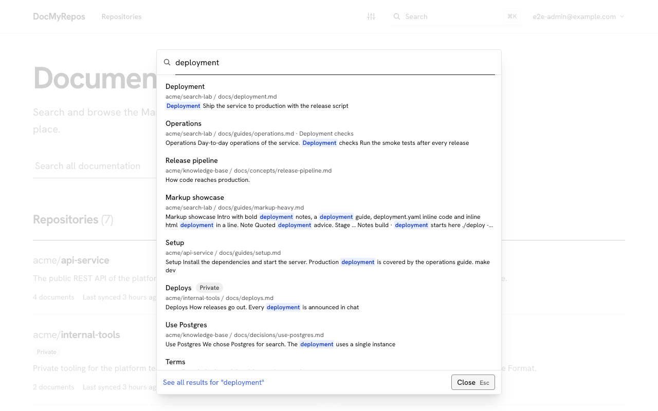 The quick search palette open over a page, listing documents that match the typed words