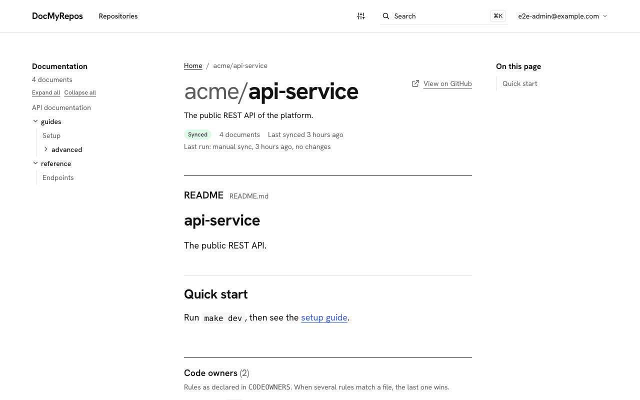 A repository space with its README, the documentation tree and the code owners panel